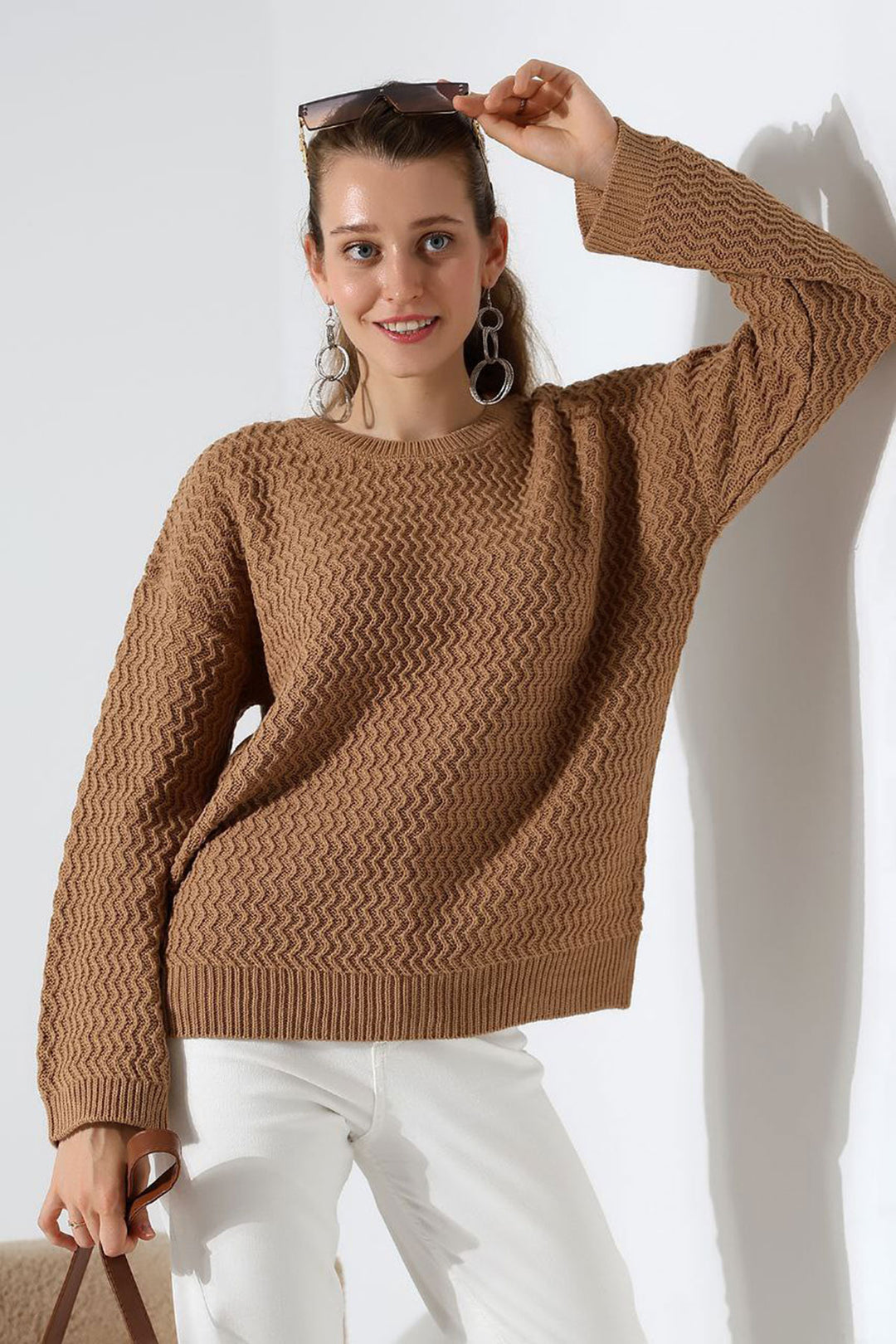 Biscuit Bicycle Neck Waterway Patterned Sweater BCES-252008 - Gera