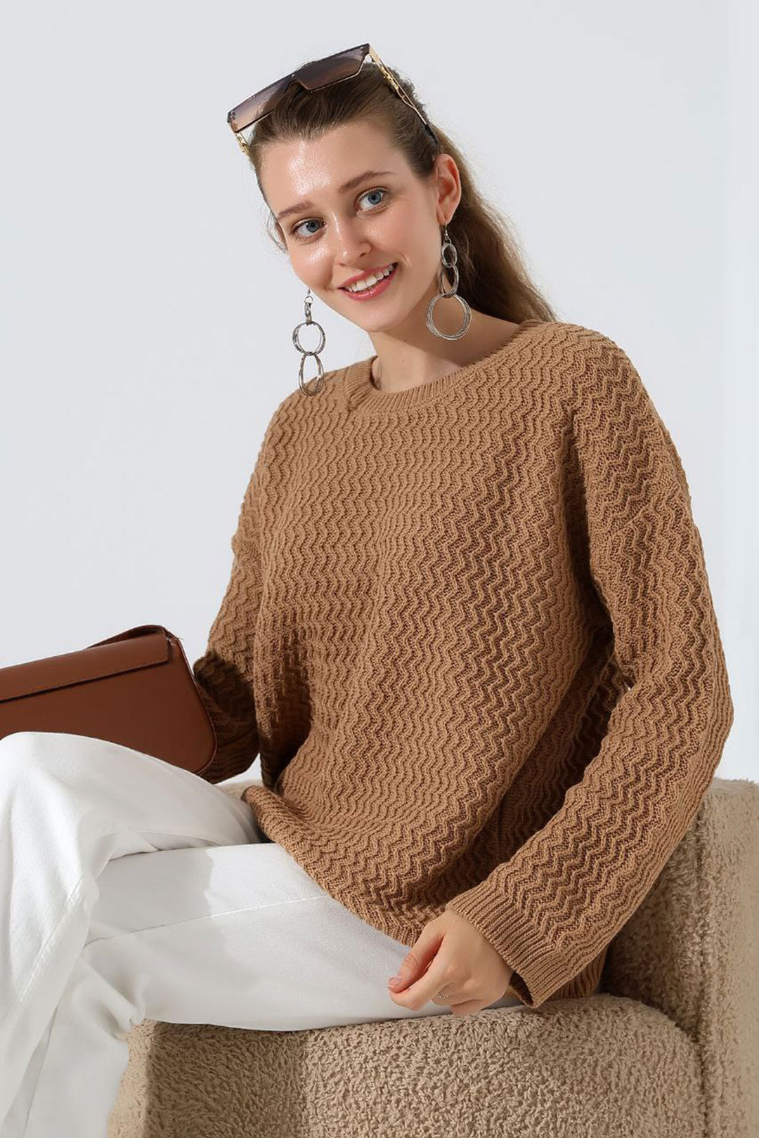 Biscuit Bicycle Neck Waterway Patterned Sweater BCES-252008 - Gera