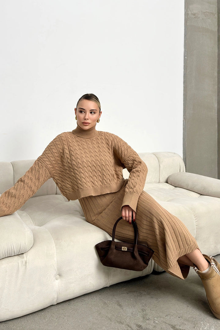 Biscuit Turtleneck Cable Knit Crop Sweater and Knit Dress Set BC231004 - Fajardo