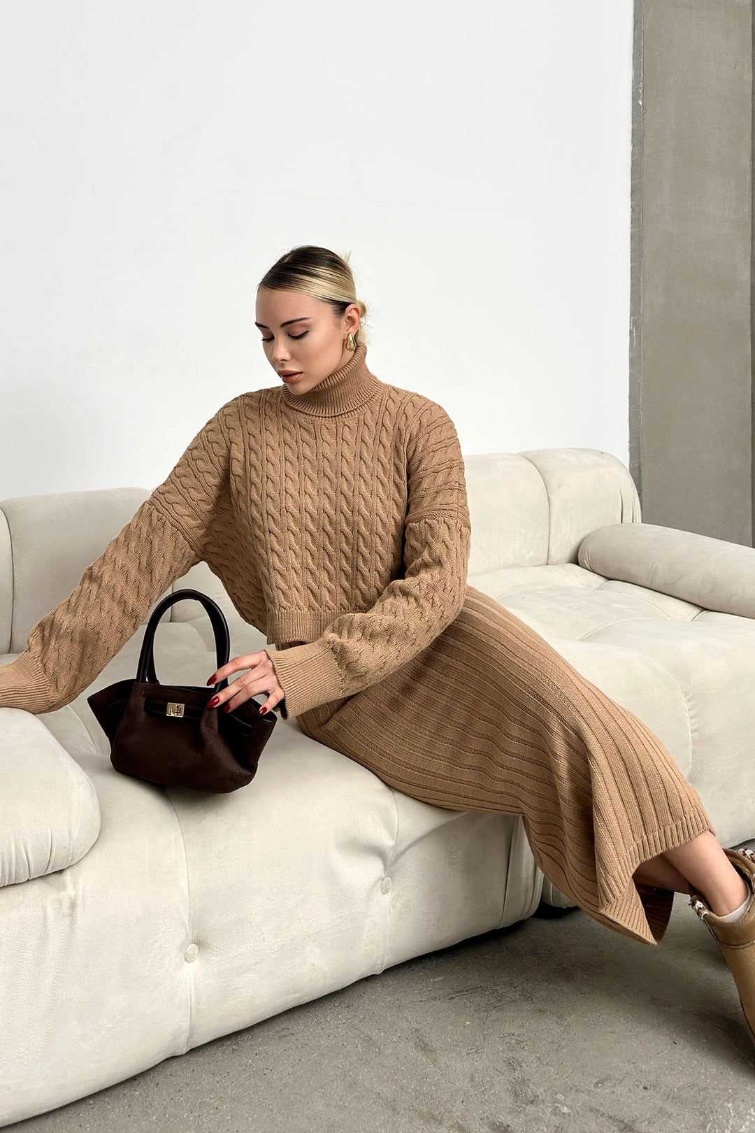 Biscuit Turtleneck Cable Knit Crop Sweater and Knit Dress Set BC231004 - Fajardo