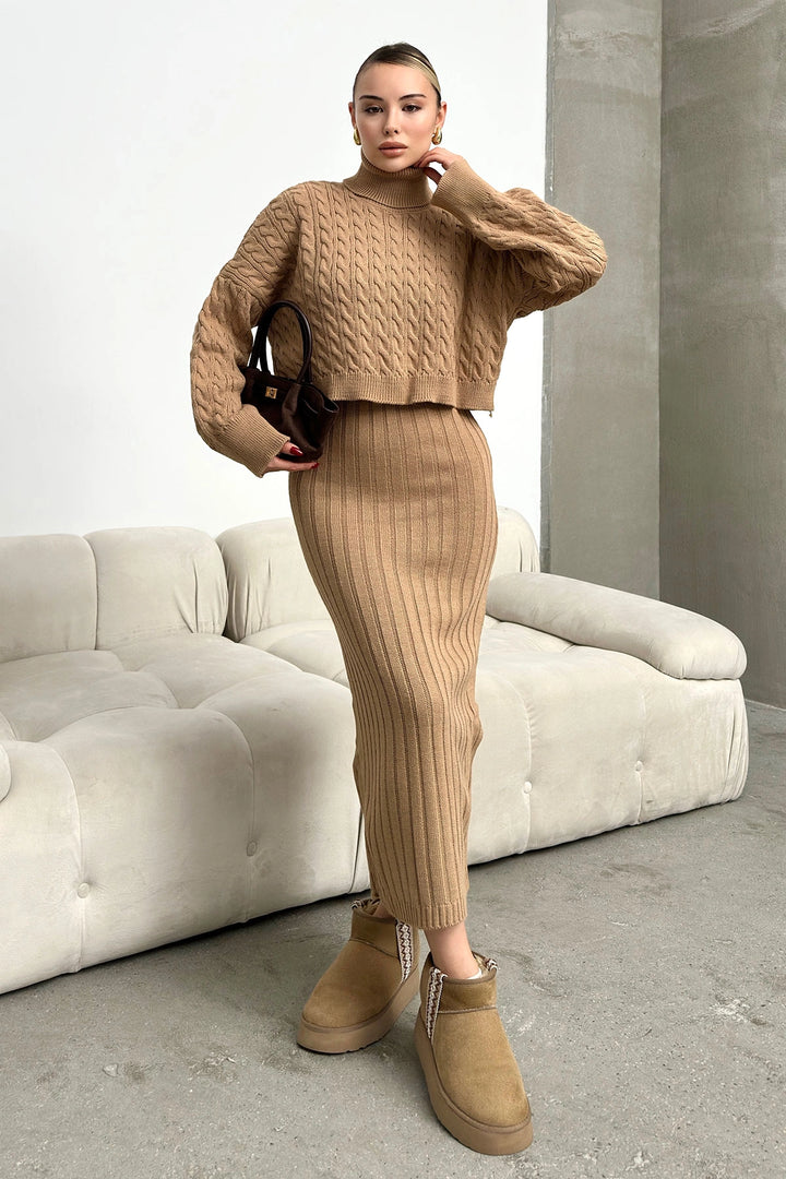 Biscuit Turtleneck Cable Knit Crop Sweater and Knit Dress Set BC231004 - Fajardo
