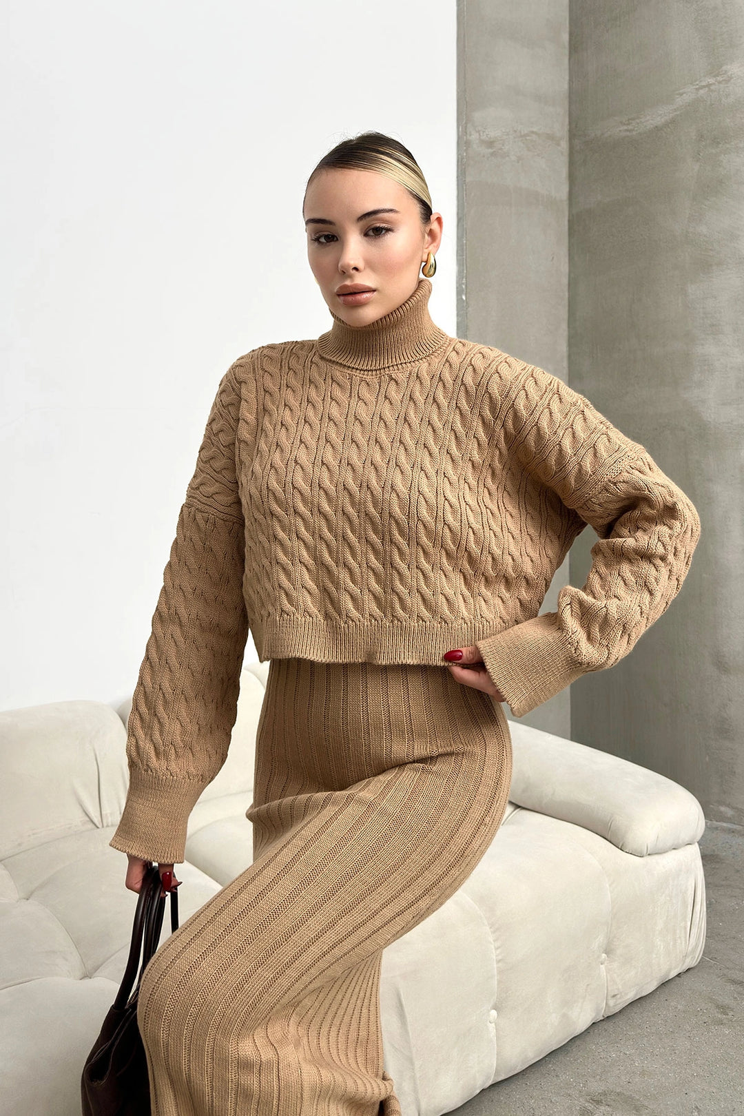 Biscuit Turtleneck Cable Knit Crop Sweater and Knit Dress Set BC231004 - Fajardo