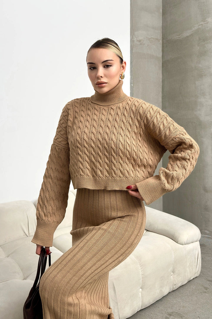 Biscuit Turtleneck Cable Knit Crop Sweater and Knit Dress Set BC231004 - Fajardo