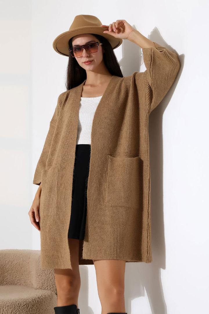 Biscuit Double Pocket Half Sleeve Long Length Cardigan BCES-252019 - Mukacheve
