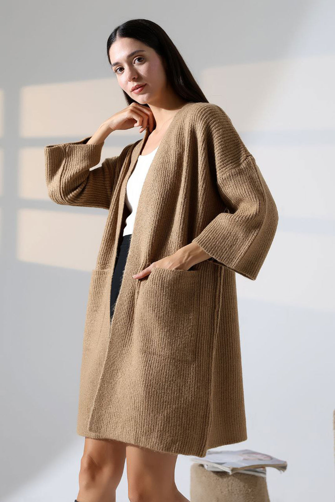 Biscuit Double Pocket Half Sleeve Long Length Cardigan BCES-252019 - Mukacheve