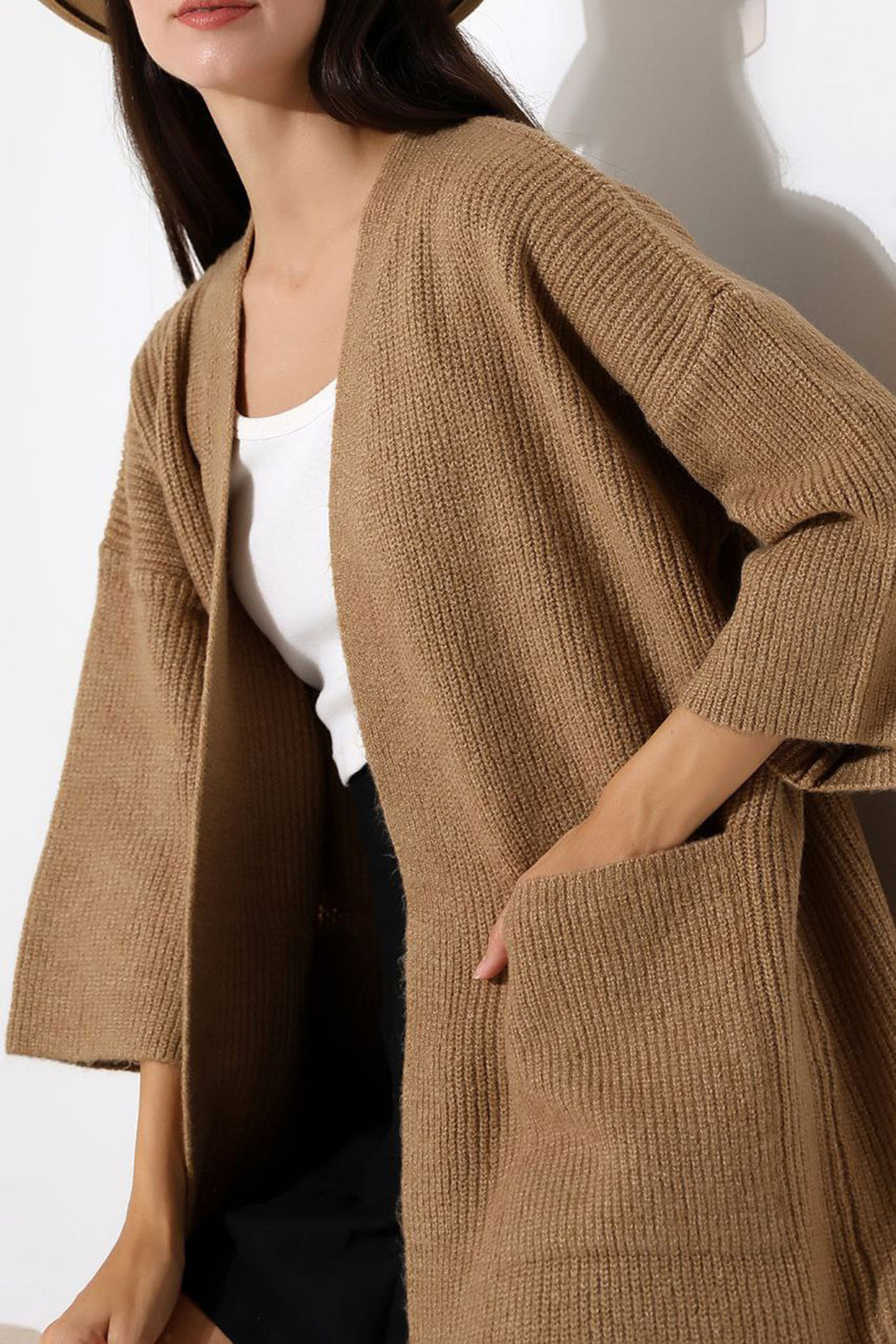Biscuit Double Pocket Half Sleeve Long Length Cardigan BCES-252019 - Mukacheve