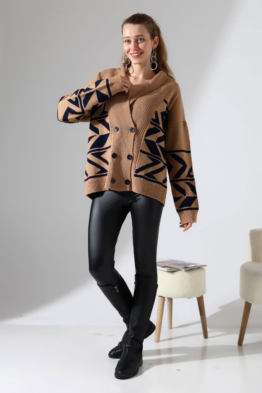 Biscuit Double Button Detailed Patterned Knit Cardigan BCES-252021 - Delmenhorst