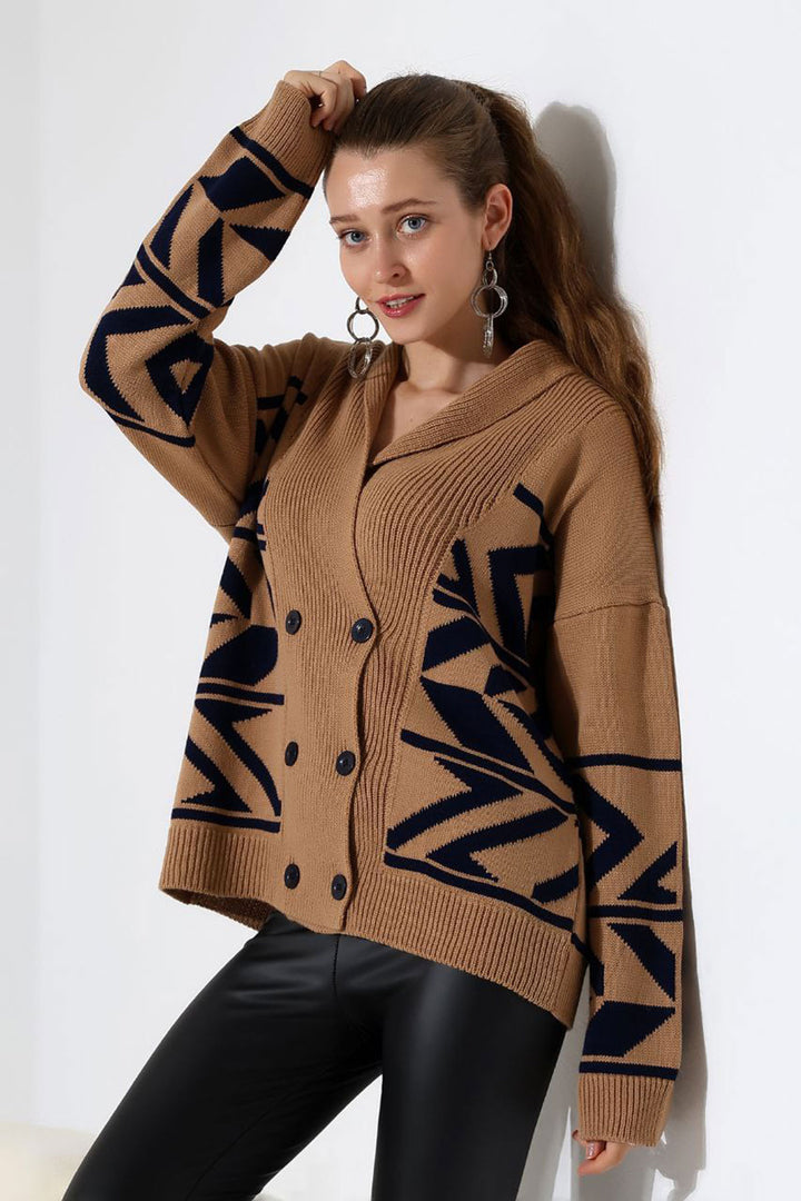 Biscuit Double Button Detailed Patterned Knit Cardigan BCES-252021 - Delmenhorst