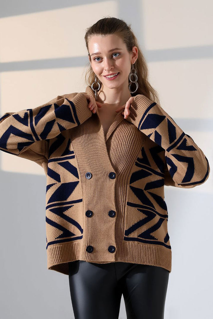 Biscuit Double Button Detailed Patterned Knit Cardigan BCES-252021 - Delmenhorst