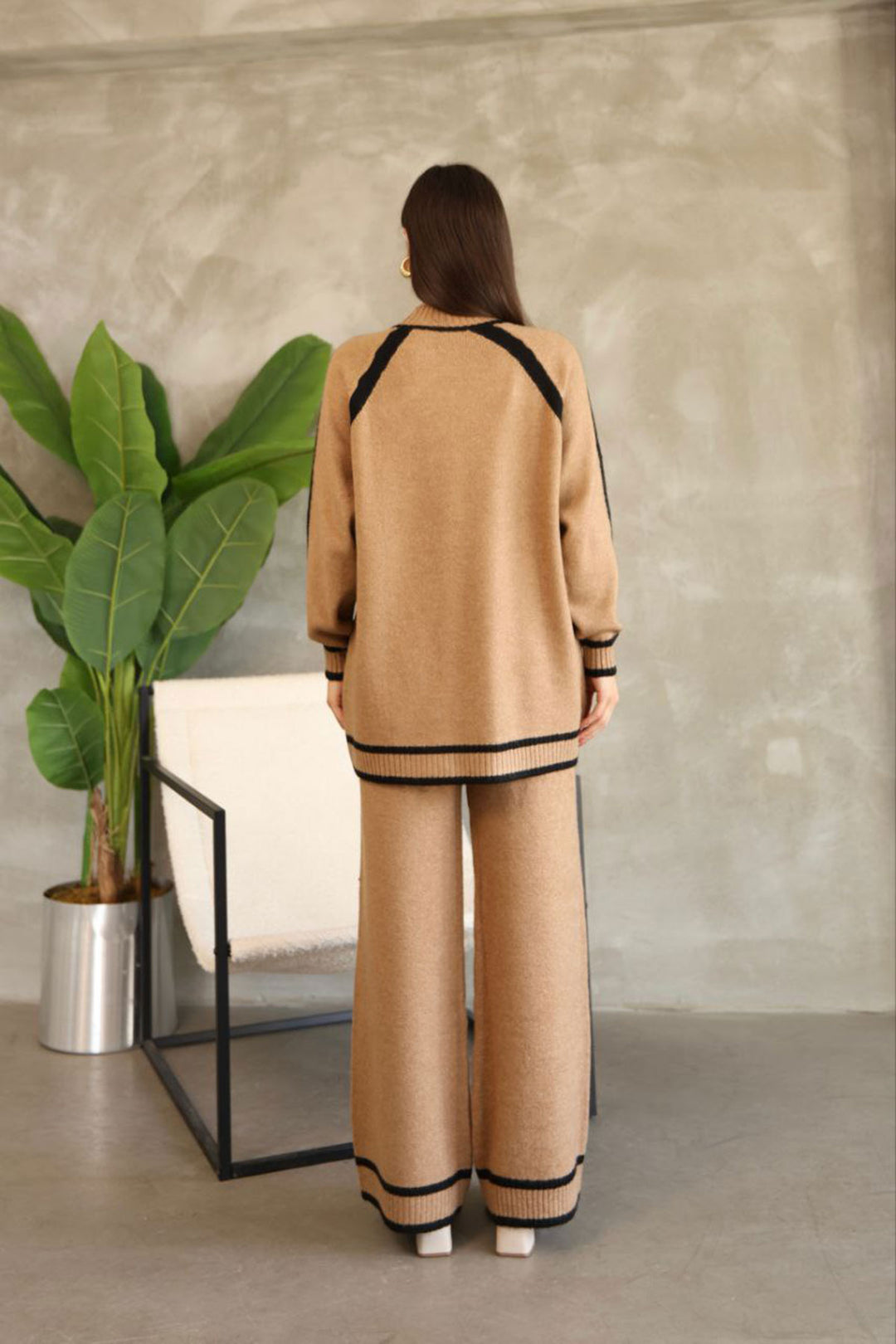 Biscuit Line Detailed Bicycle Neck Tunic and Wide Leg Knitwear Set BCES-252030 - Roseville