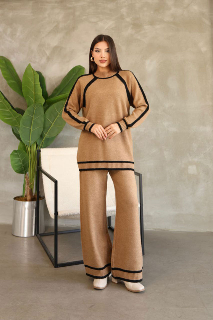 Biscuit Line Detailed Bicycle Neck Tunic and Wide Leg Knitwear Set BCES-252030 - Roseville