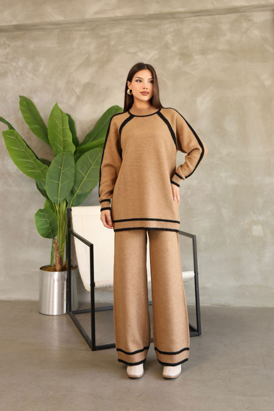 Biscuit Line Detailed Bicycle Neck Tunic and Wide Leg Knitwear Set BCES-252030 - Roseville