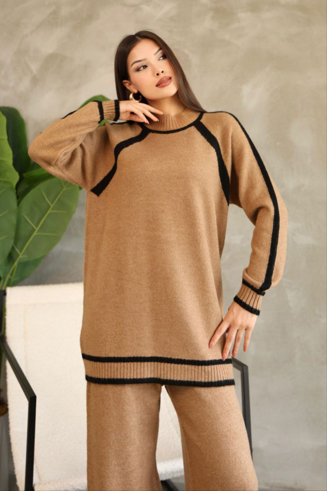 Biscuit Line Detailed Bicycle Neck Tunic and Wide Leg Knitwear Set BCES-252030 - Roseville