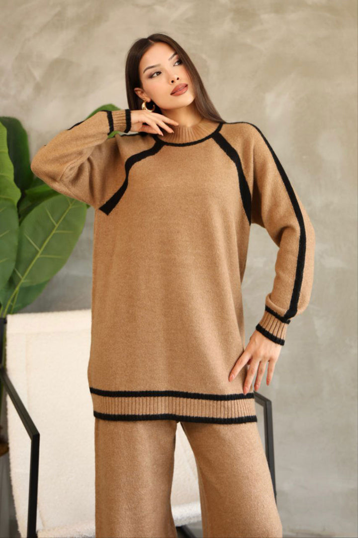 Biscuit Line Detailed Bicycle Neck Tunic and Wide Leg Knitwear Set BCES-252030 - Roseville