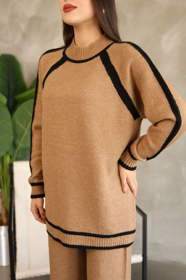 Biscuit Line Detailed Bicycle Neck Tunic and Wide Leg Knitwear Set BCES-252030 - Roseville