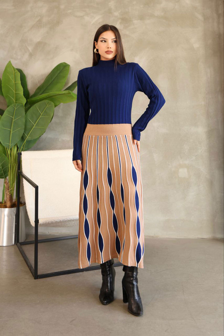 Biscuit High Neck Skirt-Look One-Piece Patterned Knit Dress BCES-252020 - Sète