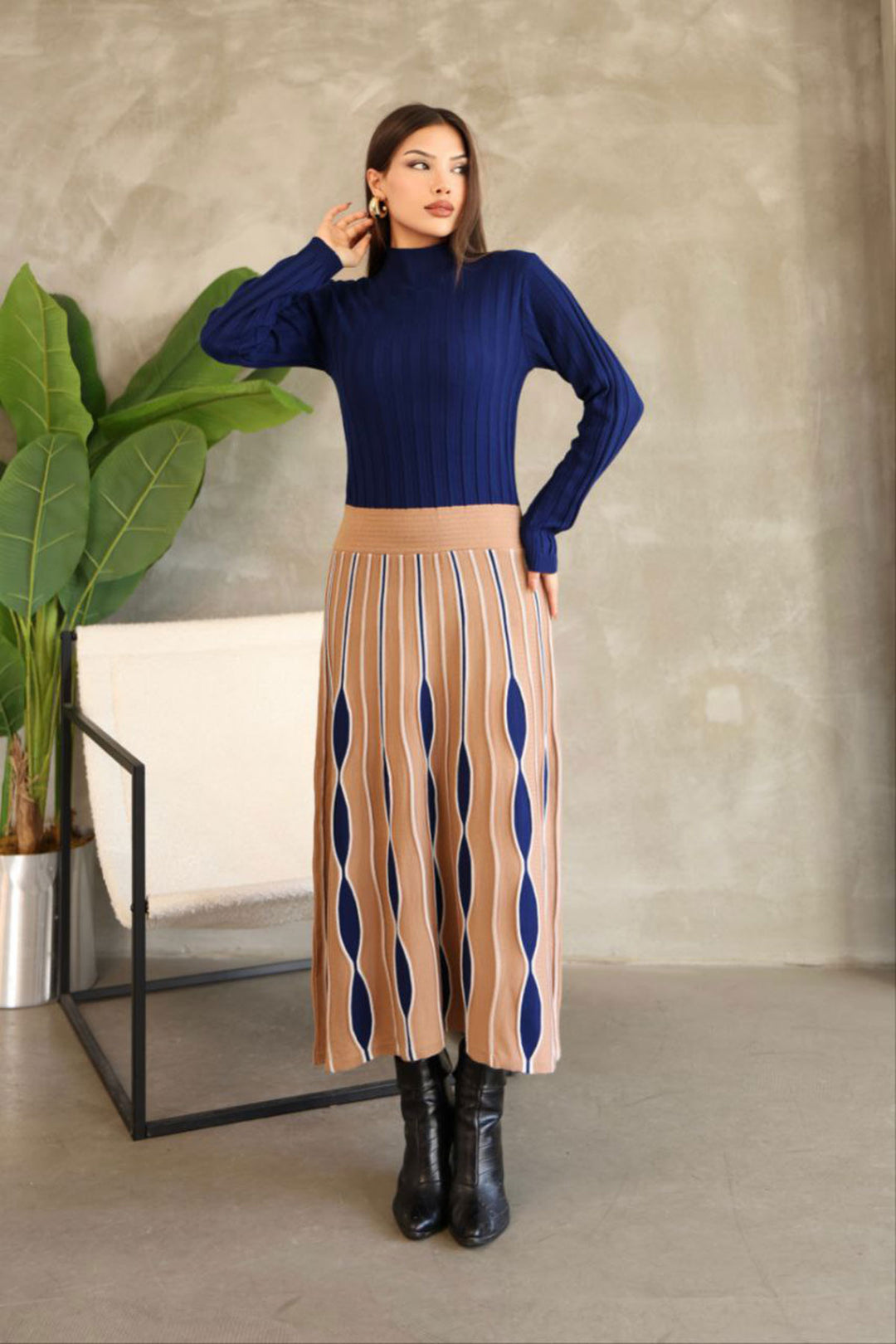 Biscuit High Neck Skirt-Look One-Piece Patterned Knit Dress BCES-252020 - Sète