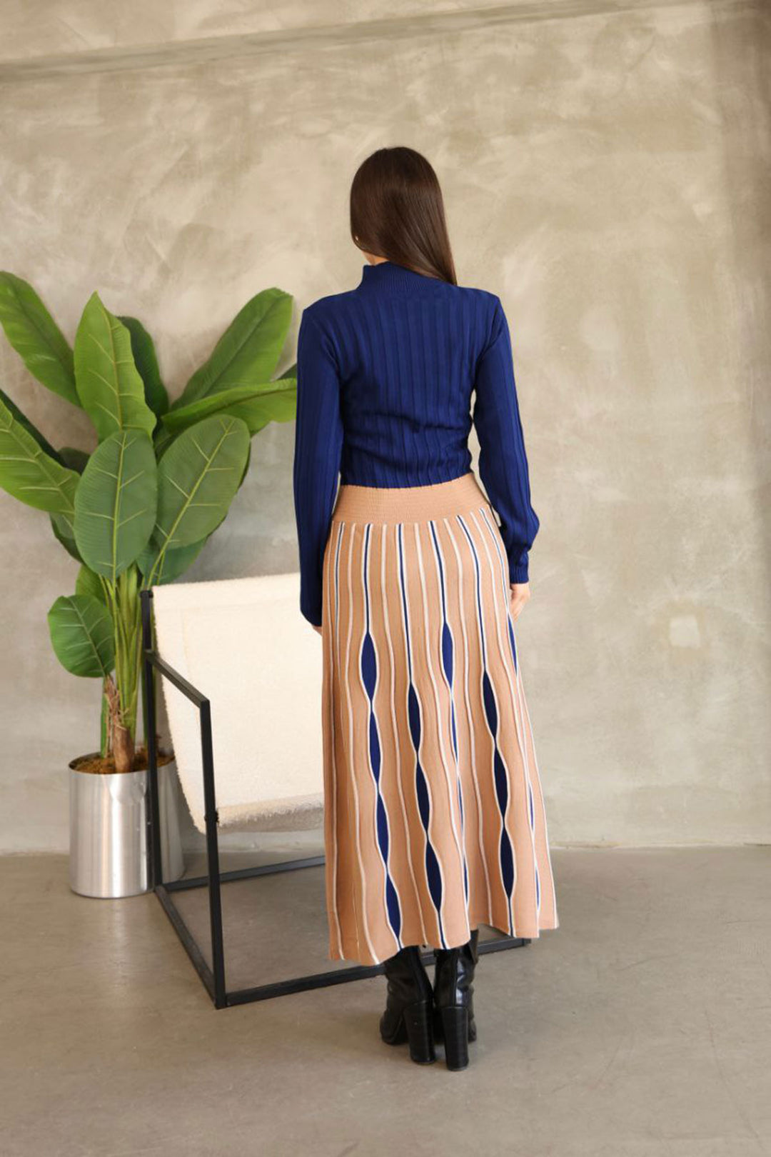 Biscuit High Neck Skirt-Look One-Piece Patterned Knit Dress BCES-252020 - Sète