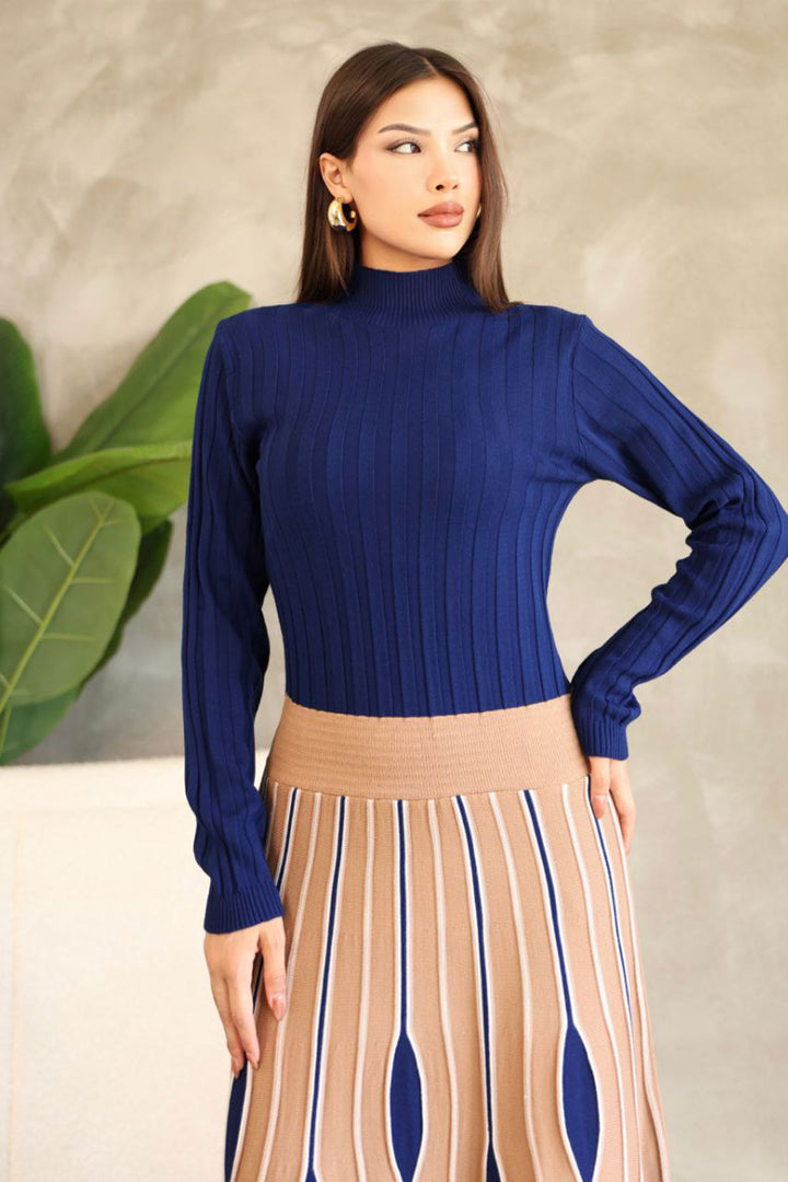 Biscuit High Neck Skirt-Look One-Piece Patterned Knit Dress BCES-252020 - Sète