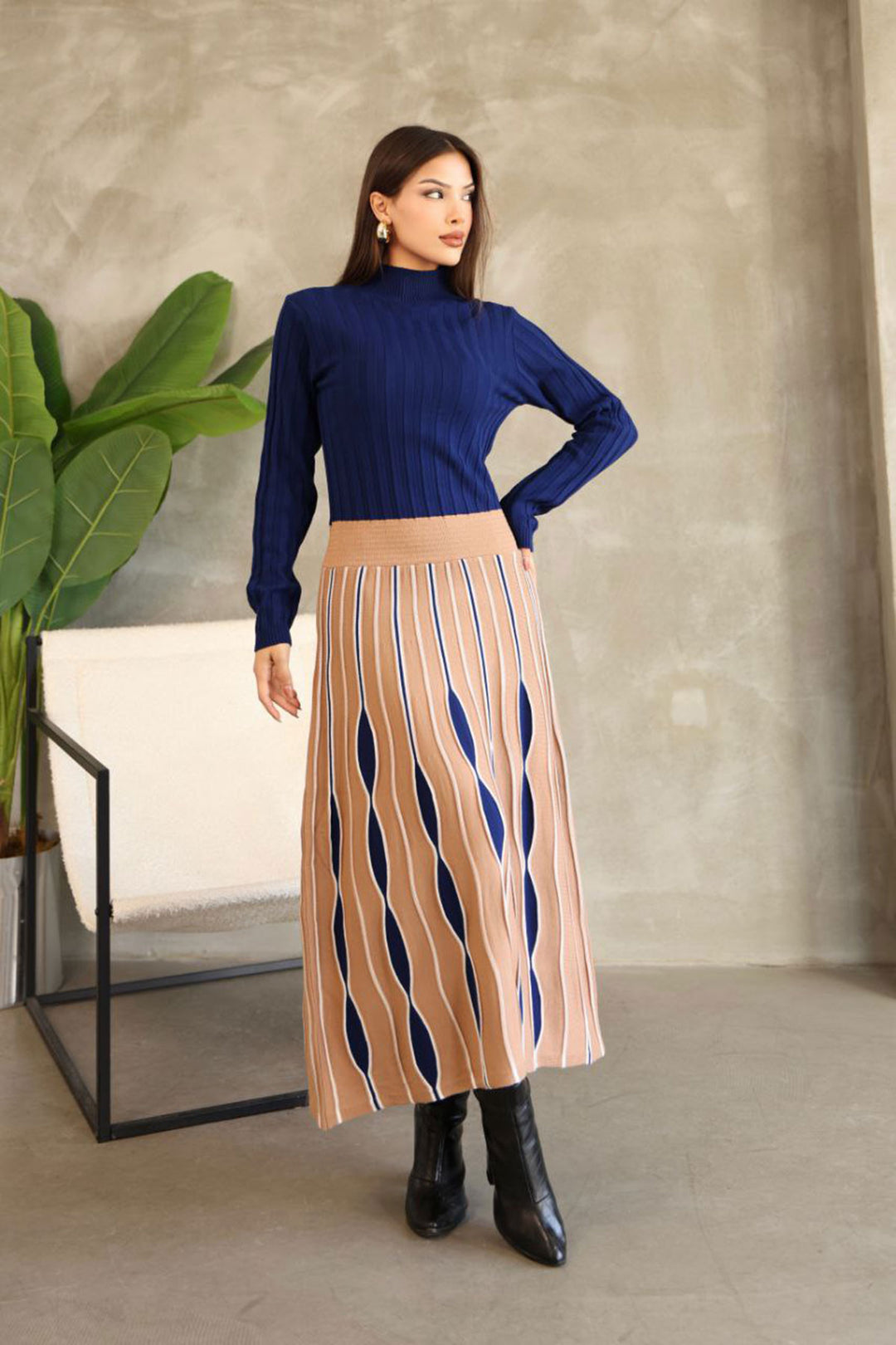 Biscuit High Neck Skirt-Look One-Piece Patterned Knit Dress BCES-252020 - Sète