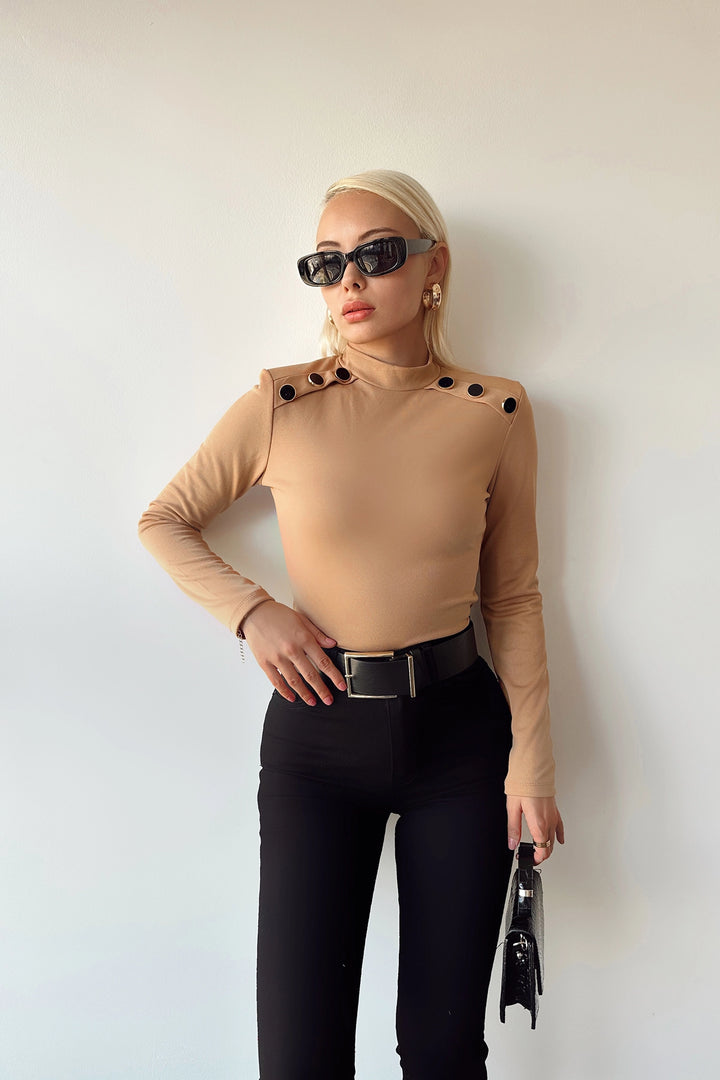 Biscuit High Neck Shoulder Button Detailed Crepe Blouse BCDF-231014 - Ferizaj