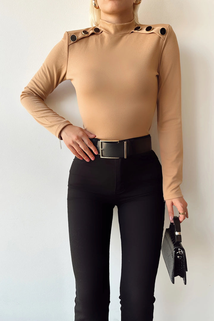 Biscuit High Neck Shoulder Button Detailed Crepe Blouse BCDF-231014 - Ferizaj