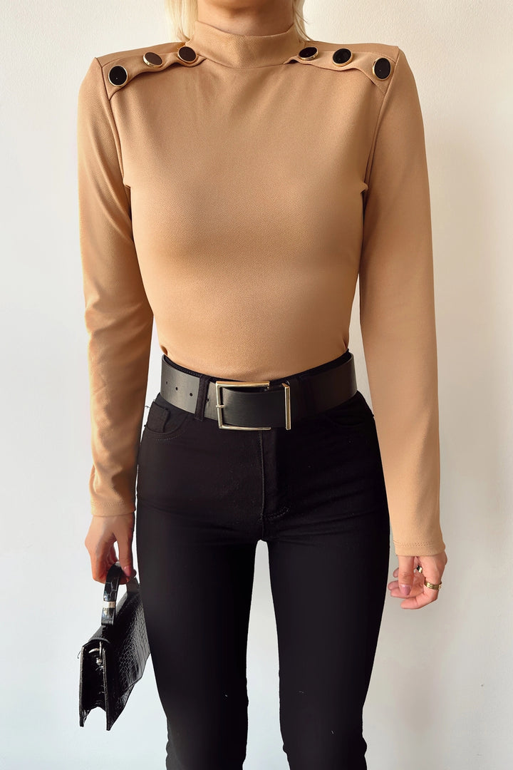 Biscuit High Neck Shoulder Button Detailed Crepe Blouse BCDF-231014 - Ferizaj