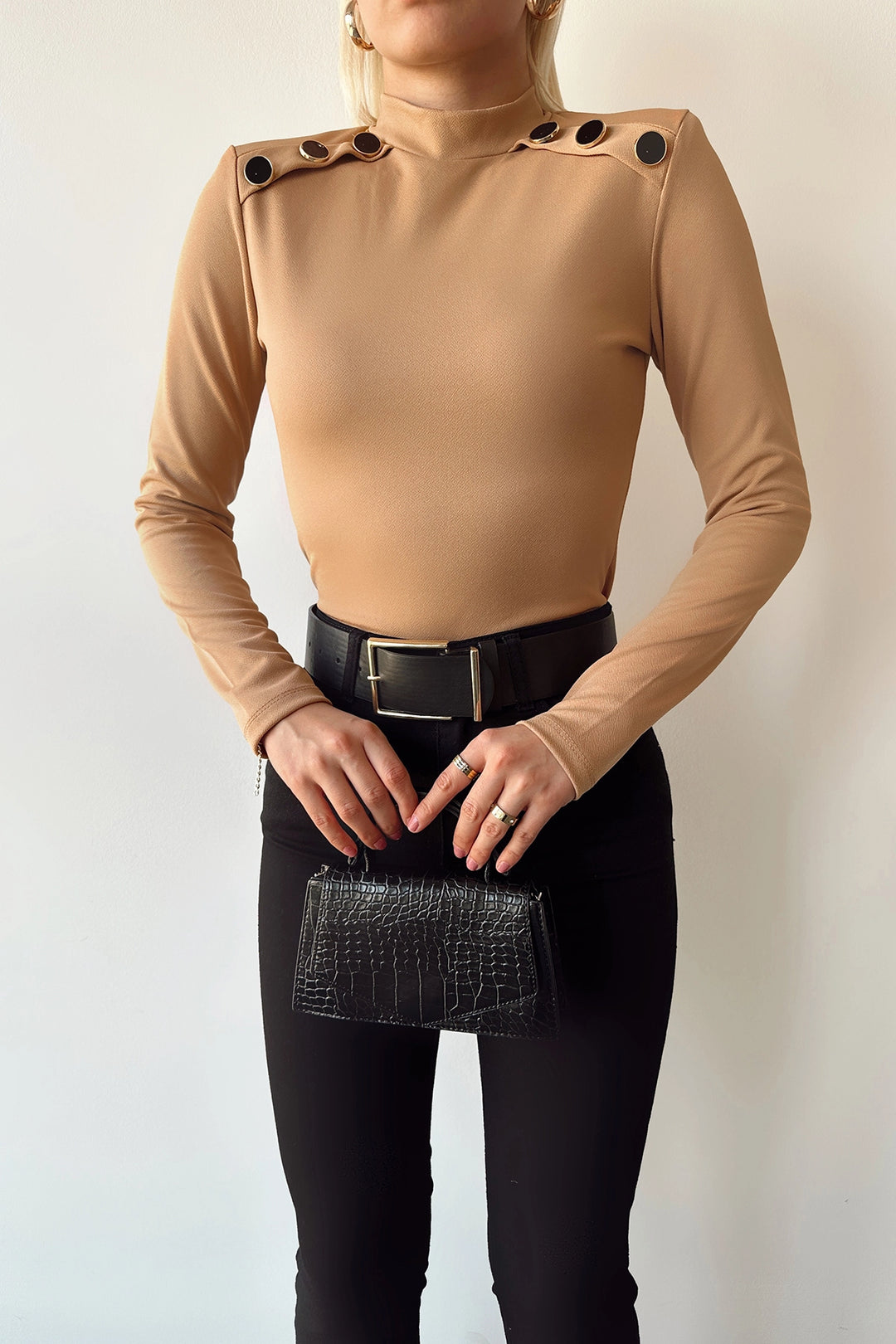 Biscuit High Neck Shoulder Button Detailed Crepe Blouse BCDF-231014 - Ferizaj