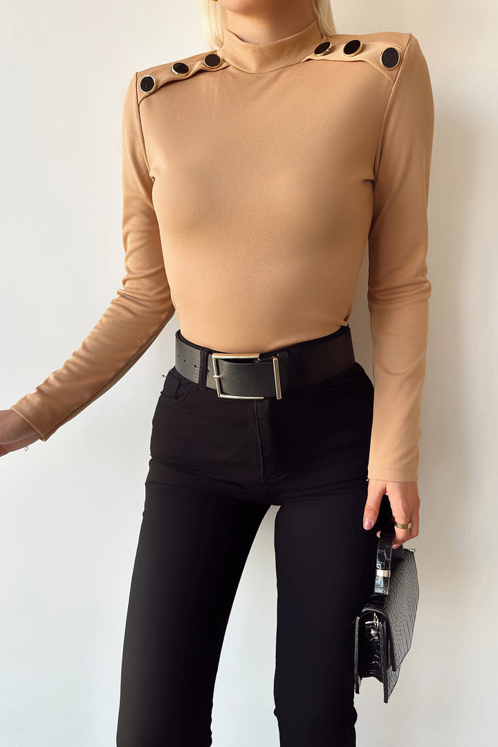 Biscuit High Neck Shoulder Button Detailed Crepe Blouse BCDF-231014 - Ferizaj