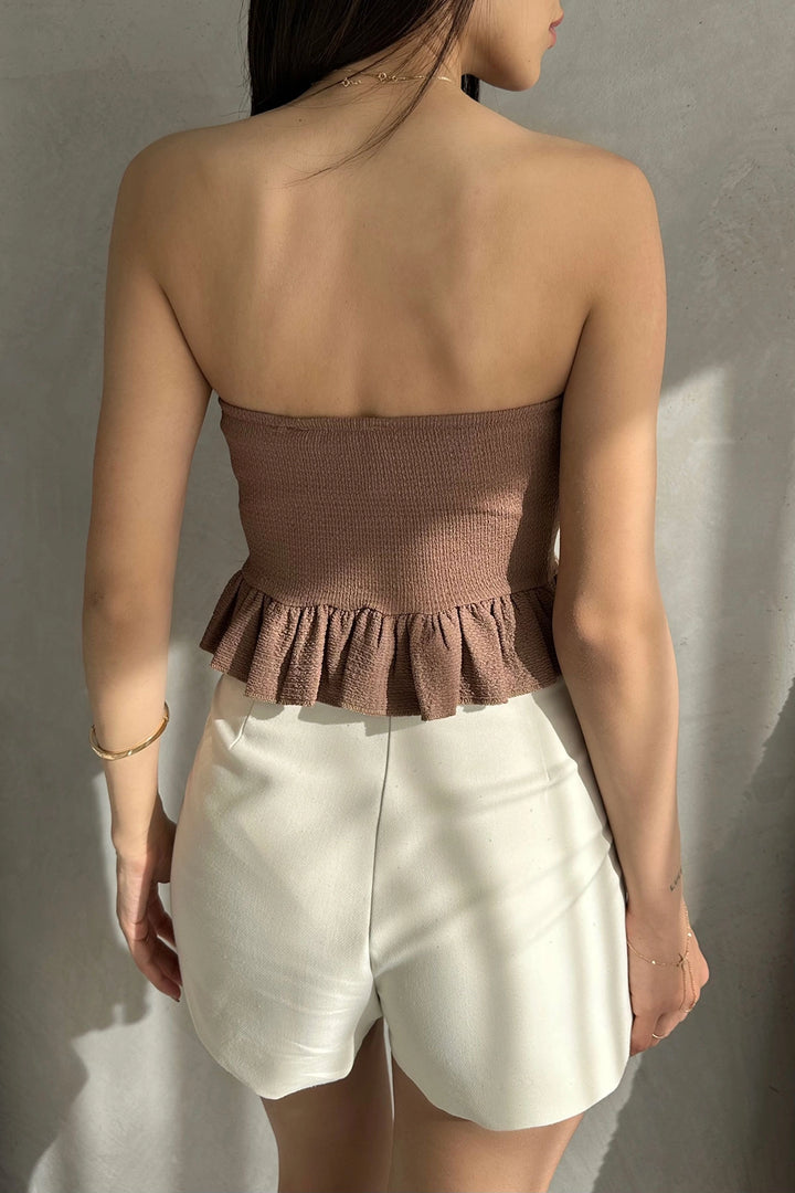 Biscuit Skirt with Ruffled Hem Rose Detailed Crop Bustier Blouse BCDF-252184 - Dovzhansk
