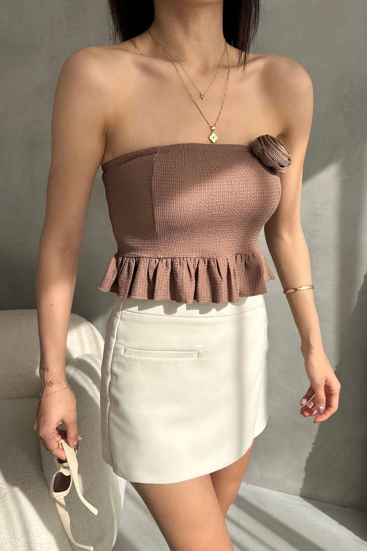 Biscuit Skirt with Ruffled Hem Rose Detailed Crop Bustier Blouse BCDF-252184 - Dovzhansk