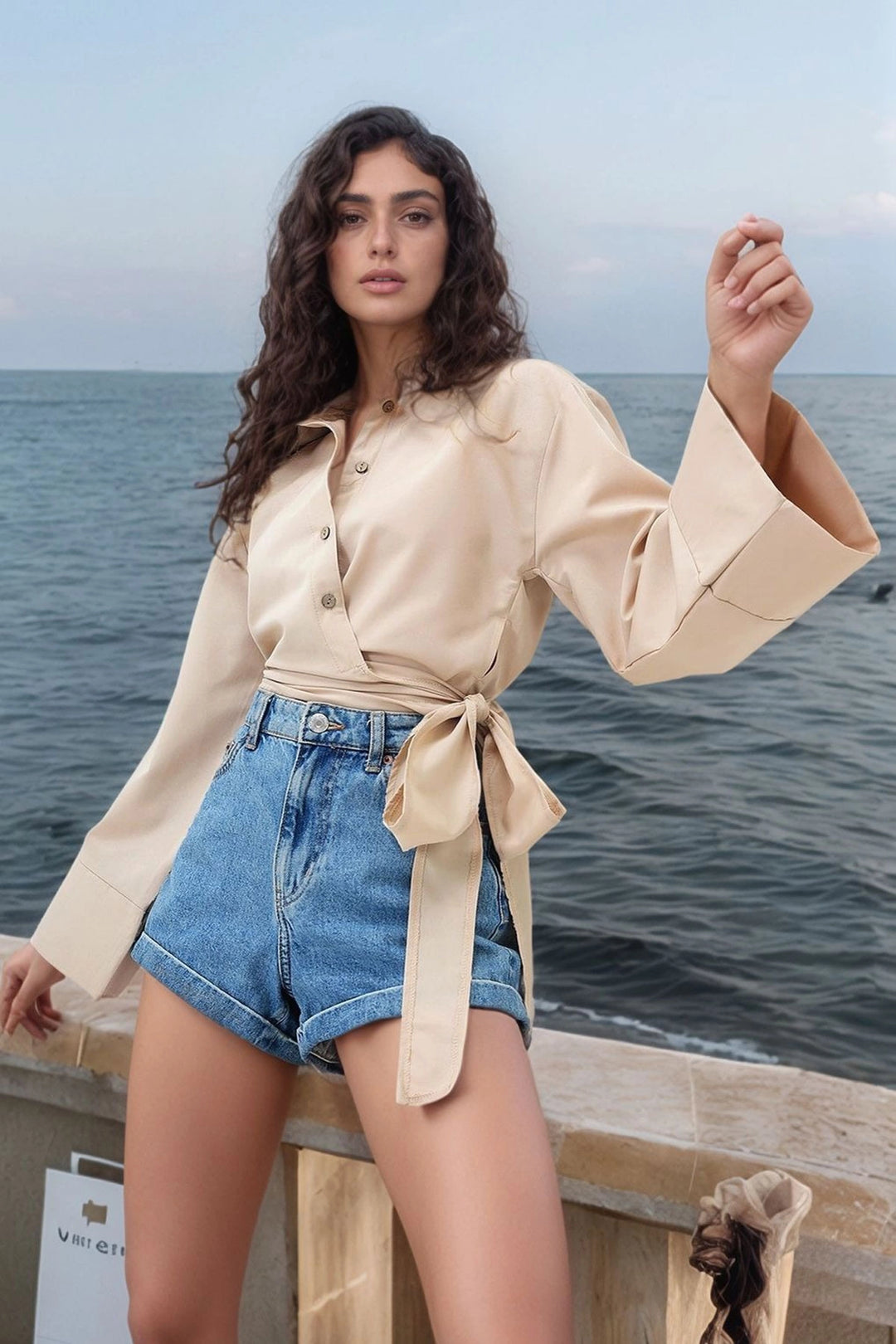 Biscuit Wide Cuff Detailed Front Tied Poplin Shirt BCDF-2510000 - Zaventem