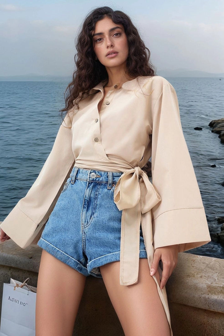 Biscuit Wide Cuff Detailed Front Tied Poplin Shirt BCDF-2510000 - Zaventem