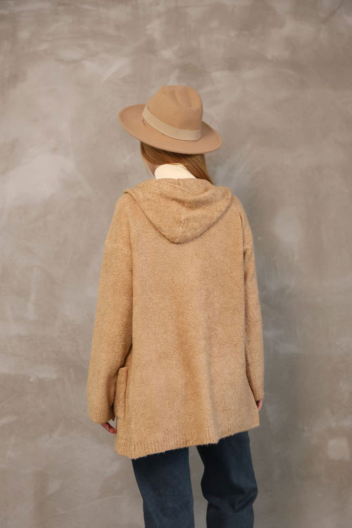 Biscuit Hooded Double Pocket Soft Textured Knit Cardigan BCES-252016 - Yasynuvata