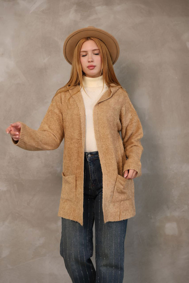 Biscuit Hooded Double Pocket Soft Textured Knit Cardigan BCES-252016 - Yasynuvata