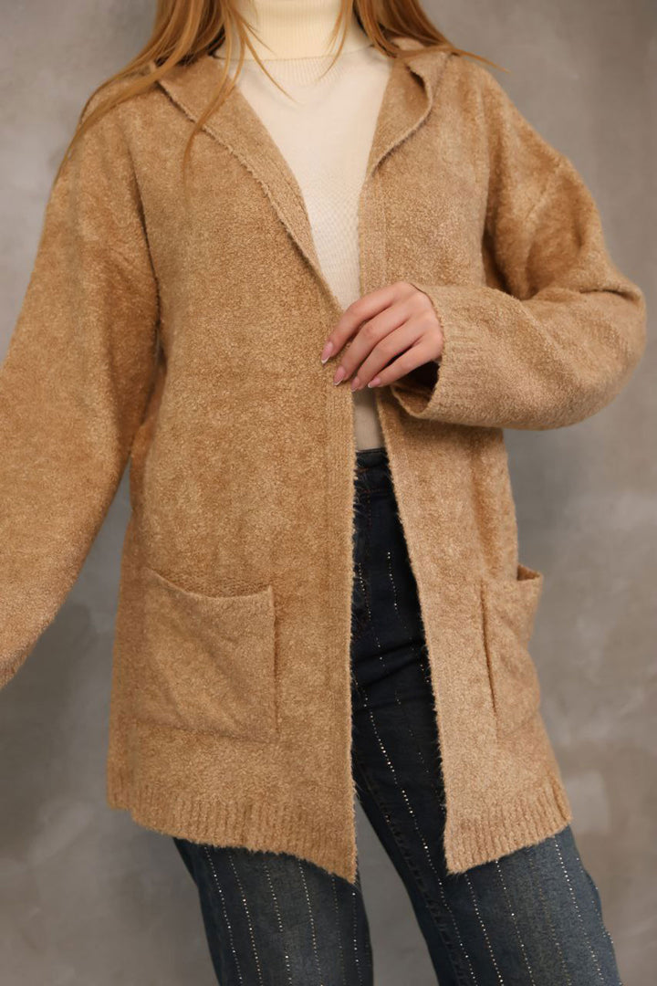 Biscuit Hooded Double Pocket Soft Textured Knit Cardigan BCES-252016 - Yasynuvata