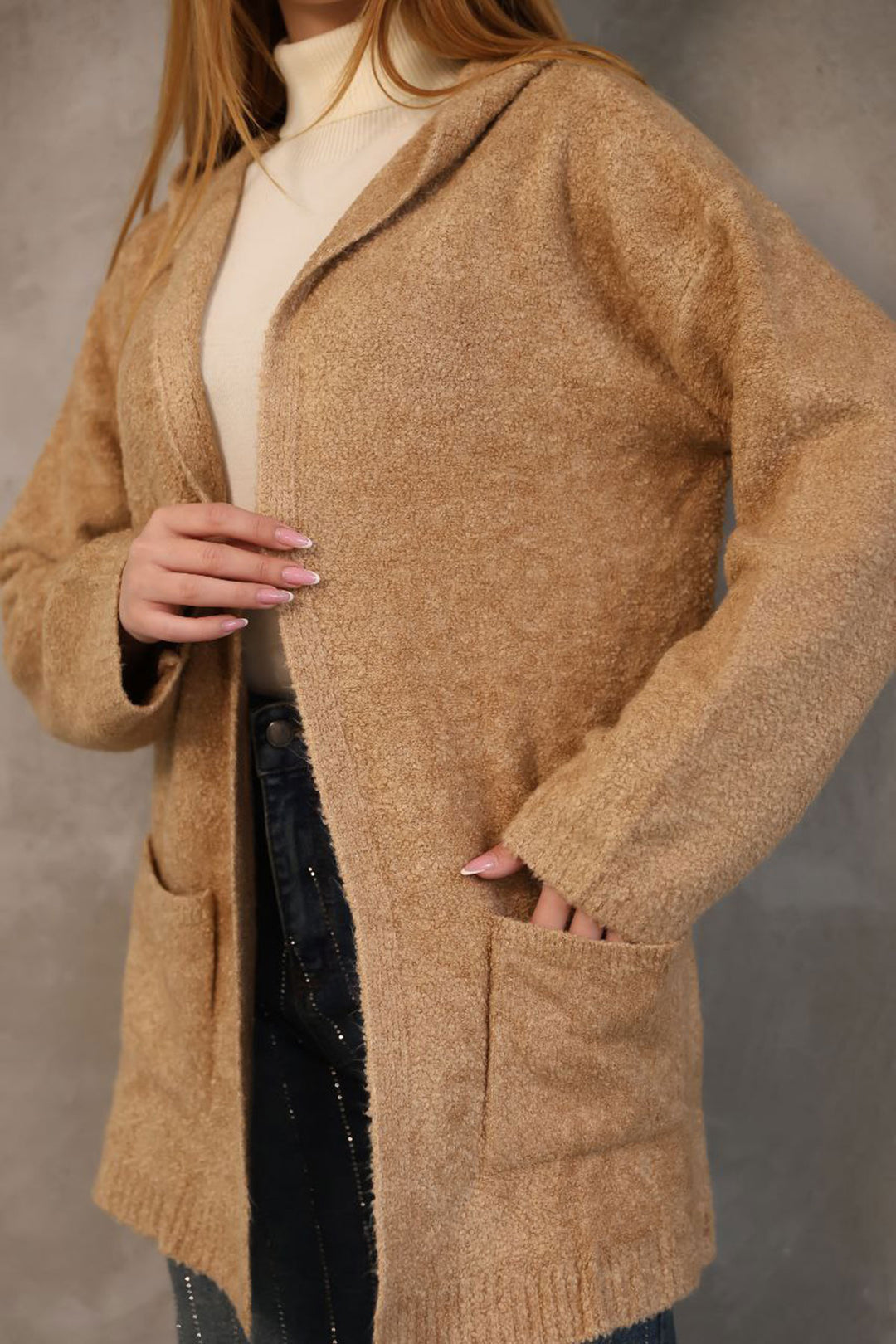 Biscuit Hooded Double Pocket Soft Textured Knit Cardigan BCES-252016 - Yasynuvata