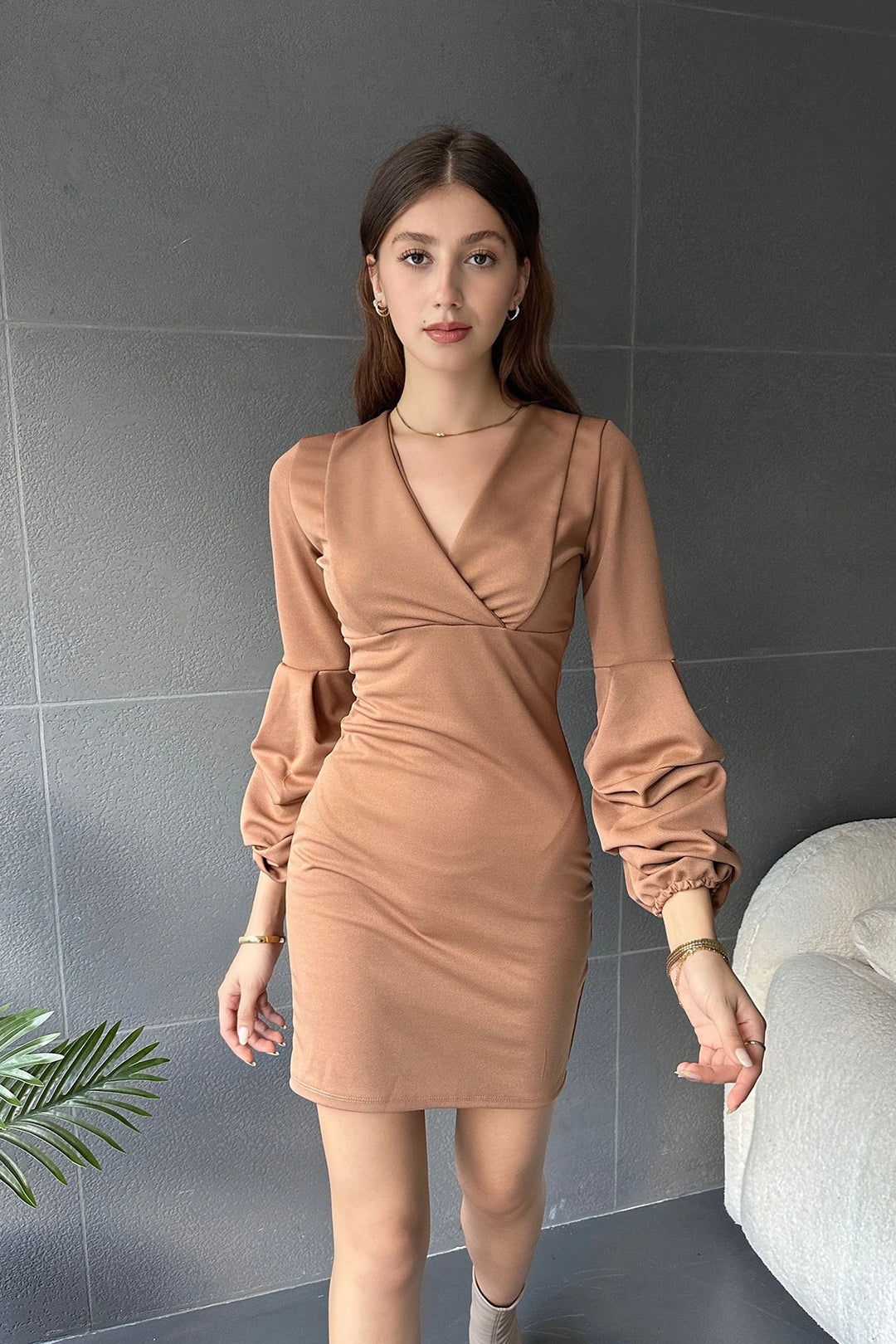 Biscuit Cross Neck Balloon Sleeve Dress BCDF-242120 - Livonia