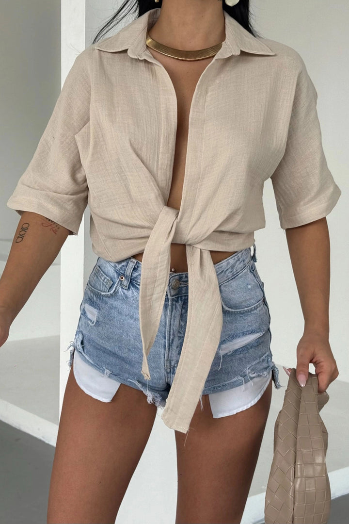 Biscuit Muslin Linen Tied Blouse BCBT-251000 - Cherry Hill