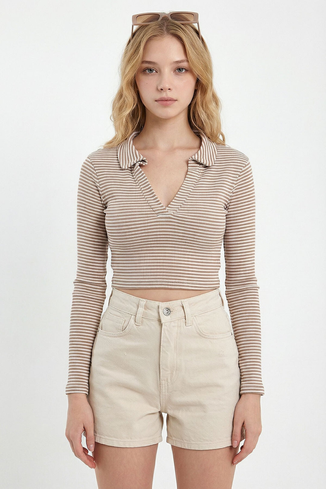 Bisküvi Polo Yaka Fitilli Yumuşak Dokulu Çizgili Crop Bluz - Cuneo
