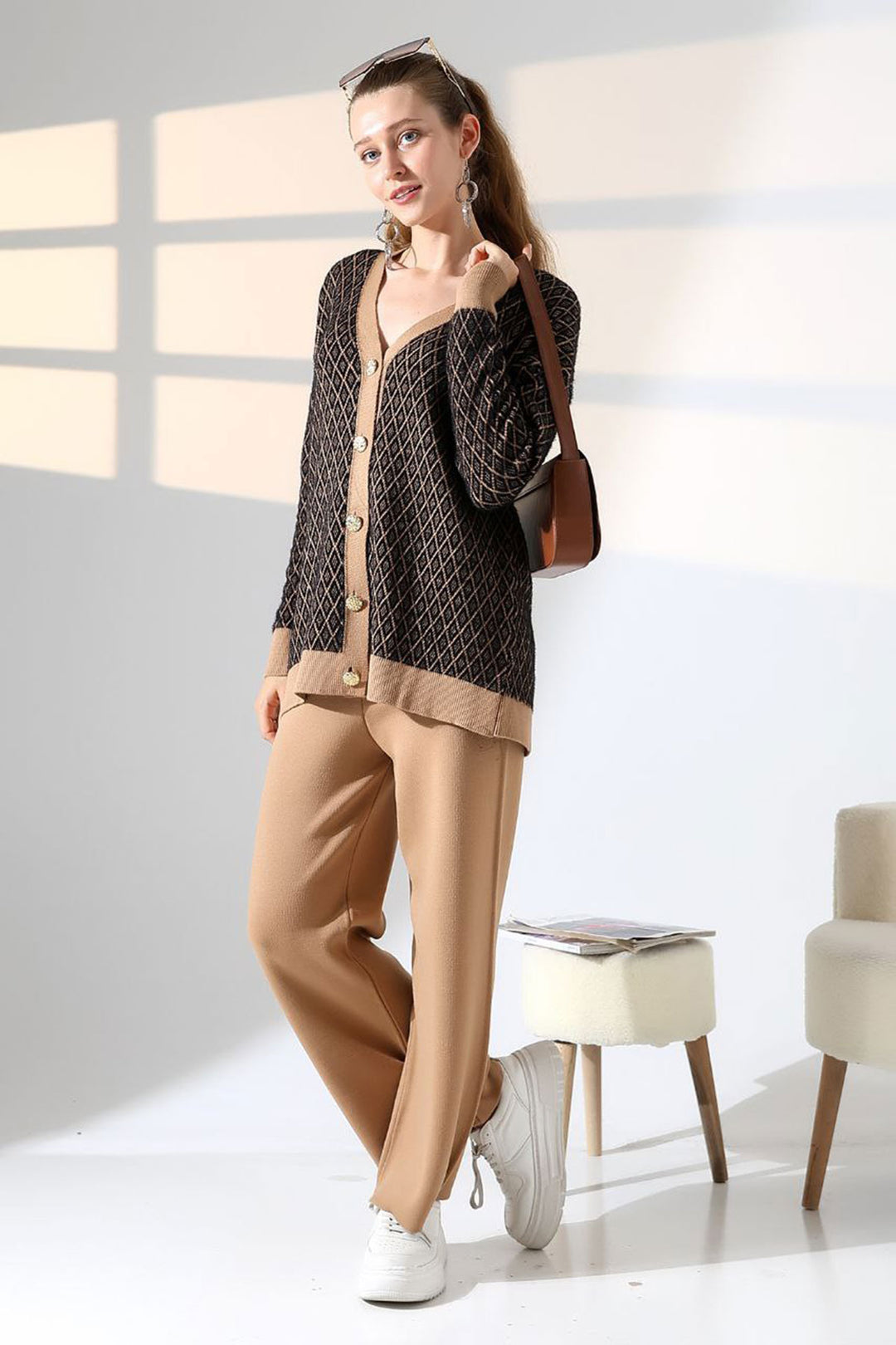 Biscuit V Neck Buttoned Cardigan and Pants Top Bottom Knitwear Set BCES-252011 - Winsen