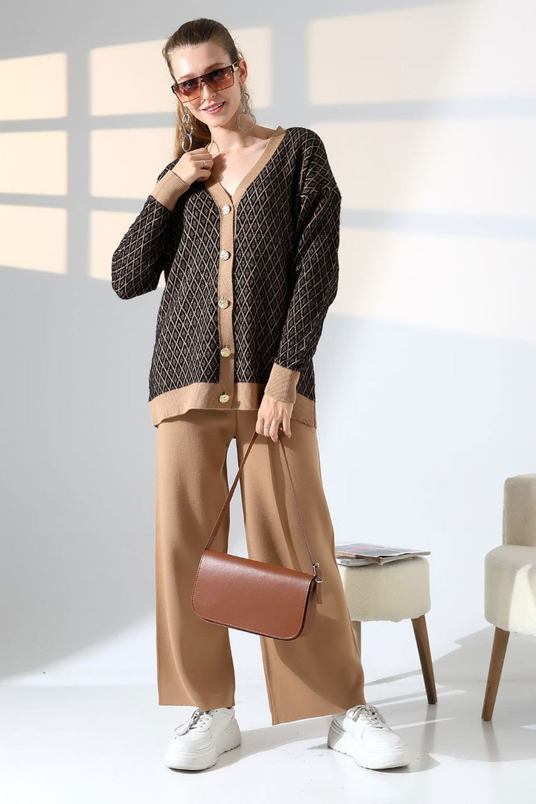 Biscuit V Neck Buttoned Cardigan and Pants Top Bottom Knitwear Set BCES-252011 - Winsen