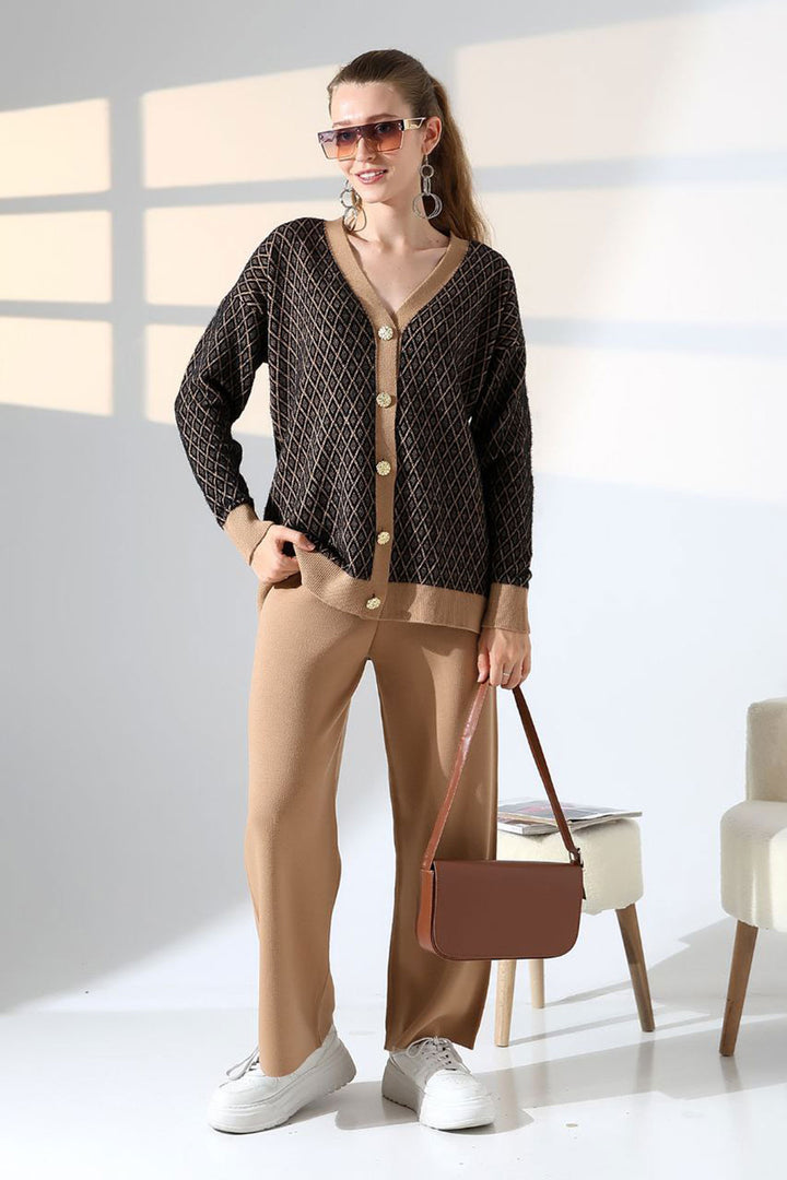 Biscuit V Neck Buttoned Cardigan and Pants Top Bottom Knitwear Set BCES-252011 - Winsen