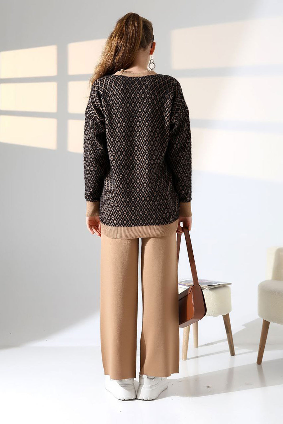 Biscuit V Neck Buttoned Cardigan and Pants Top Bottom Knitwear Set BCES-252011 - Winsen