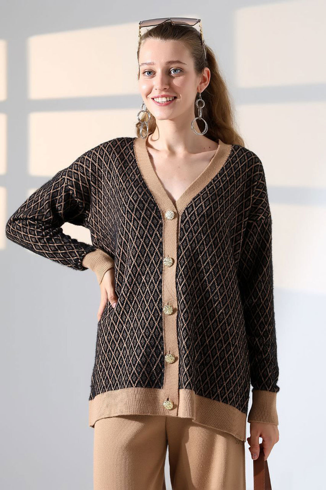Biscuit V Neck Buttoned Cardigan and Pants Top Bottom Knitwear Set BCES-252011 - Winsen