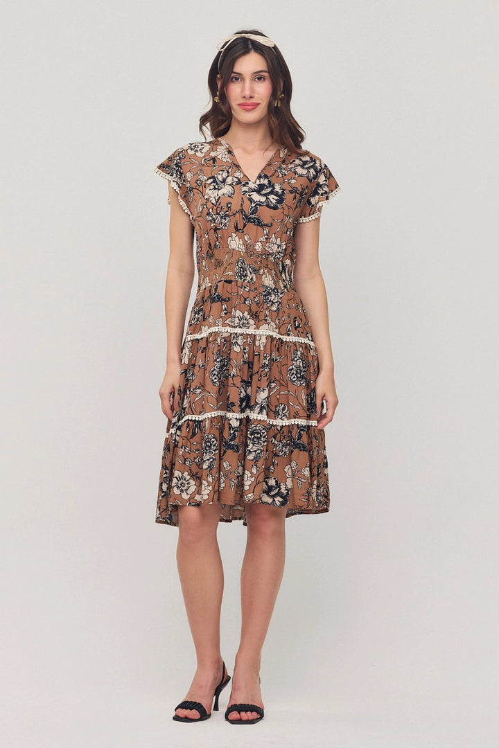 Biscuit V Neck Ruffled Flower Patterned Summer Viscon Dress BCVL-25V054 - Cernusco sul Naviglio