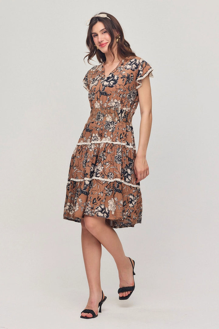 Biscuit V Neck Ruffled Flower Patterned Summer Viscon Dress BCVL-25V054 - Cernusco sul Naviglio