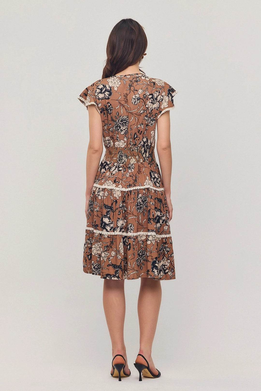 Biscuit V Neck Ruffled Flower Patterned Summer Viscon Dress BCVL-25V054 - Cernusco sul Naviglio