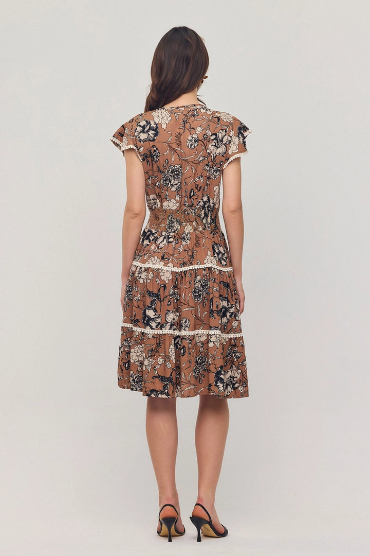 Biscuit V Neck Ruffled Flower Patterned Summer Viscon Dress BCVL-25V054 - Cernusco sul Naviglio