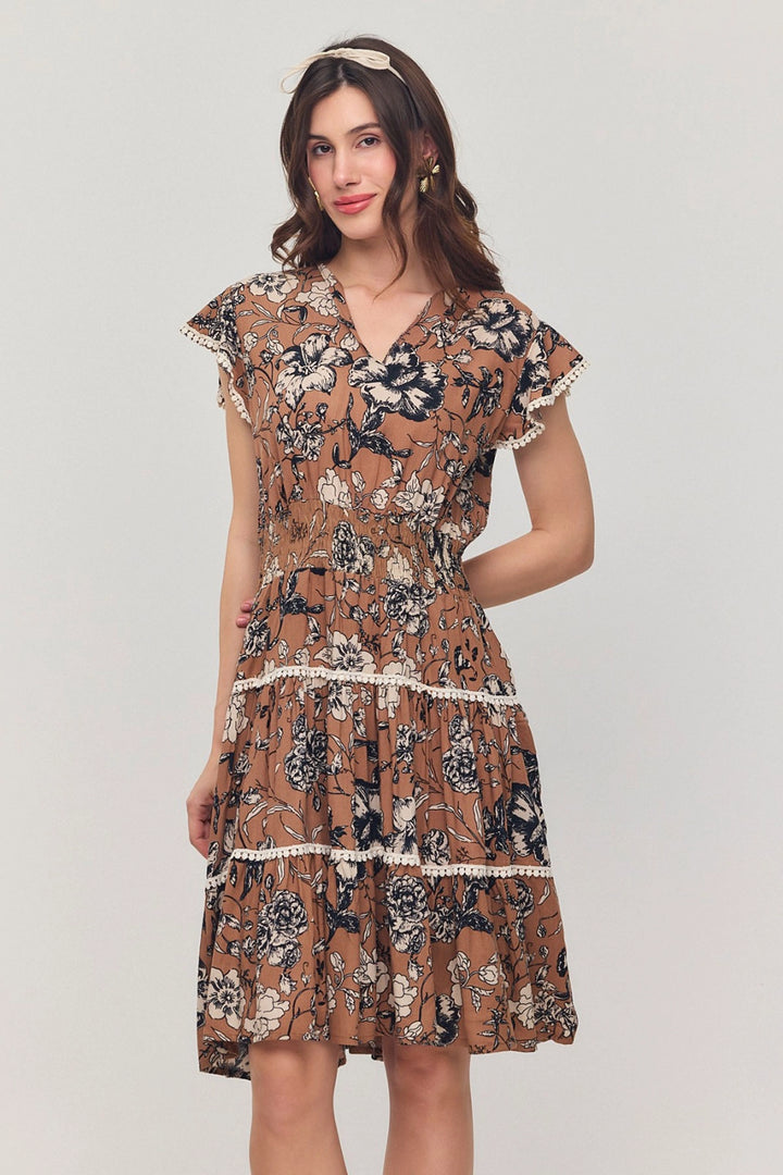 Biscuit V Neck Ruffled Flower Patterned Summer Viscon Dress BCVL-25V054 - Cernusco sul Naviglio